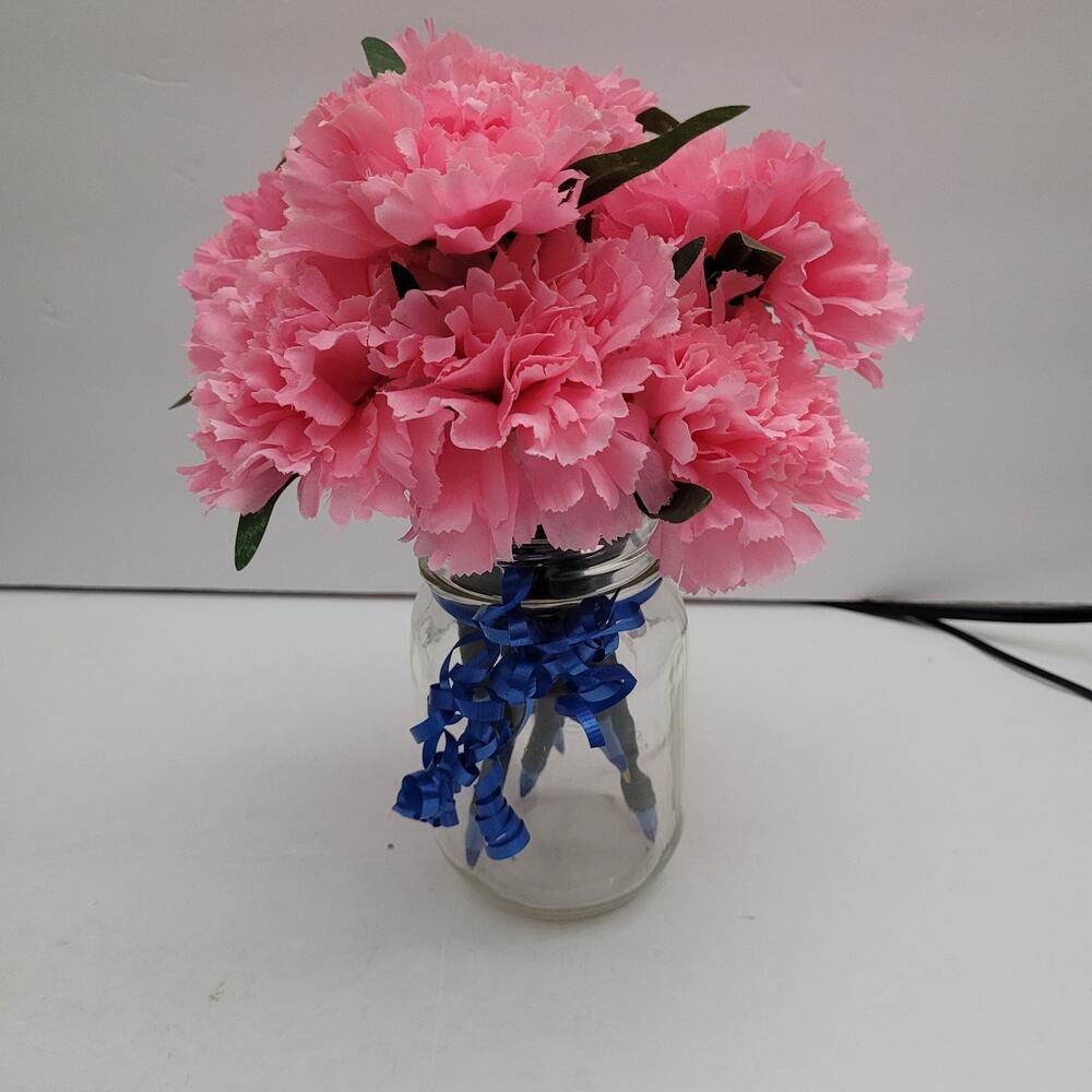 Pink Carnation Pen Flowers in Mason Jar with Ribbon